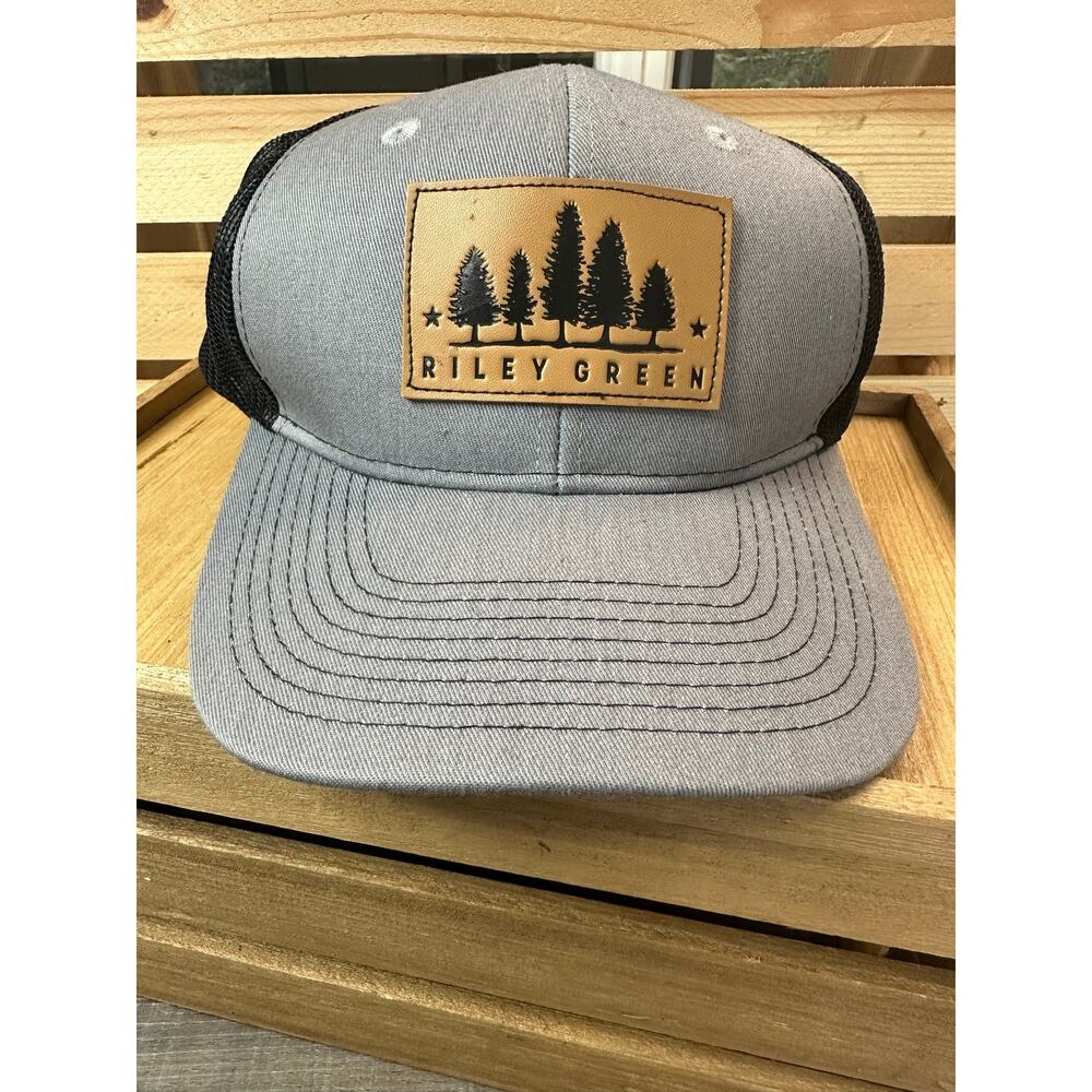 Riley Green Grey Trucker Hat w Black Mesh, Adjustable, Leather Patch